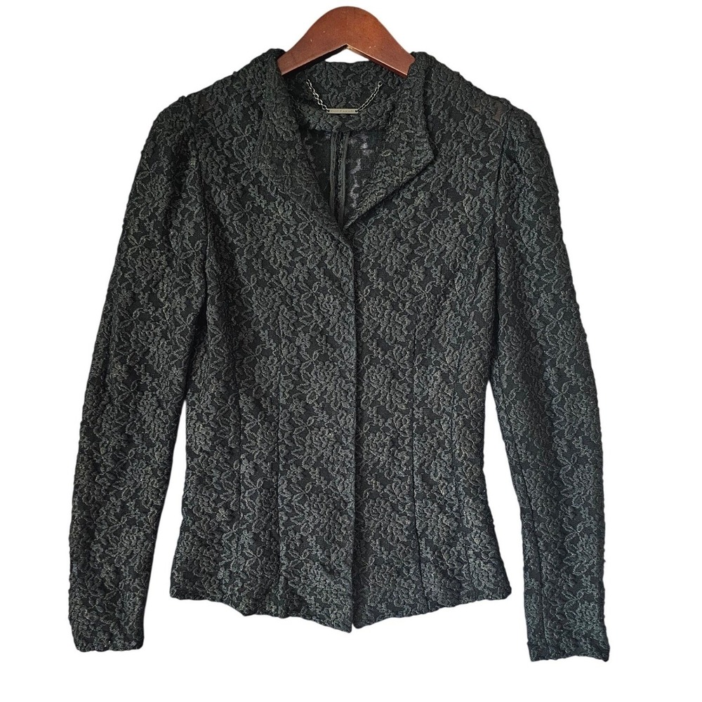Elie Tahari Black Lace Floral Metallic Shimmer‎ Blazer Jacket Notched Lapel 6 US